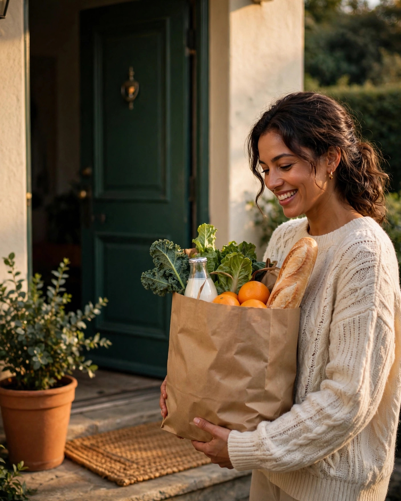 A woman smiling as she holds a paper bag of fresh groceries at her front door